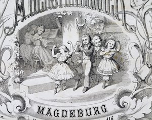 Kinderdansscène, detail van titelpagina van verzameling muziek en dansen voor kinderen gepubliceerd in Maagdenburg, Duitsland door German School