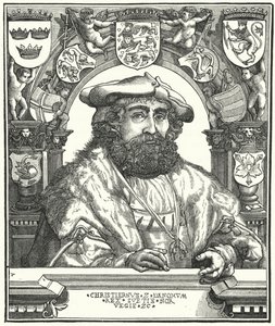 Christiaan II, Koning van Denemarken, Noorwegen en Zweden (gravure) door German School