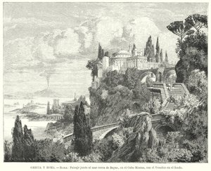 Kustlijn van de Baai van Napels vanuit de oude Romeinse stad Baiae, Kaap Miseno, met Vesuvius in de verte door German School