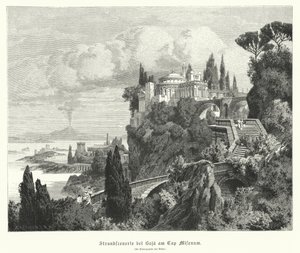 Kustlijn van de Baai van Napels vanuit de oude Romeinse stad Baiae, Kaap Miseno, met Vesuvius in de verte door German School