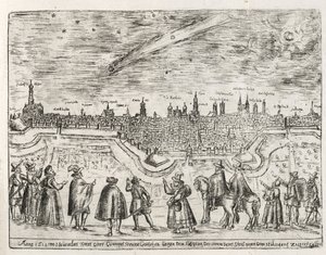 Komeet gezien boven Augsburg eind november 1618, uit Cometen Historia, uitgegeven 1618 door German School