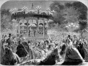 Concert bij de muziekkoepel van de Champs-Elysées, Duitse gravure ca. 1861 door German School