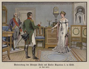 Gesprek tussen koningin Louise van Pruisen en keizer Napoleon I in Tilsit, 6 juli 1807 (kleur litho)