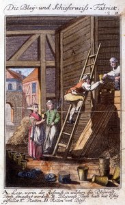 Ambacht: de loodwitfabrikant in zijn werkplaats. In "Uitgebreide beschrijving van kunsten en ambachten en werkplaatsen voor jongeren" door Johan Peter Vue. Ed. Neurenberg, Weigel en c door German School