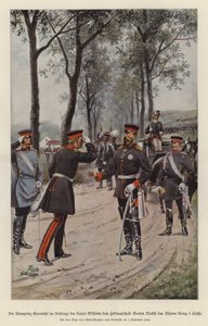 Kroonprins Frederik van Duitsland reikt veldmaarschalk Helmuth von Moltke het IJzeren Kruis uit namens zijn vader, keizer Wilhelm I