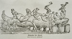 Het in stukken snijden van een walvis (houtsnede) door German School