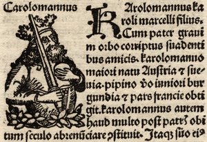 Detail van een originele incunabelblad, met afbeelding van Karel de Grote (742-814) voor 1500
