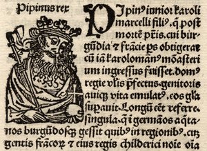 Detail van een originele incunabelblad, met afbeelding van Pepijn I (803-38) voor 1500