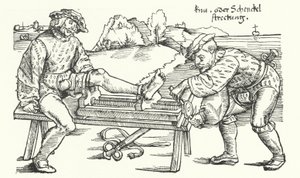 Apparaat voor het rechtzetten van een gewonde been (gravure) door German School