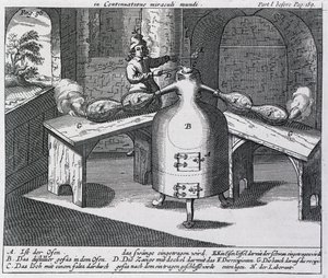 Destillatie van salpeterzuur (Aqua fortis of scheidingszuur) in een ijzeren man met twee neuzen door German School