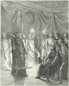 Edmund Rich, aartsbisschop van Canterbury, dreigt koning Hendrik III met excommunicatie door German School