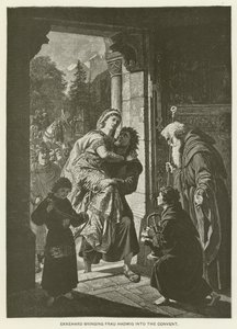 Ekkehard brengt Frau Hadwig naar het klooster (gravure) door German School