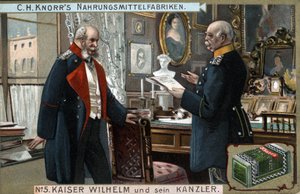 Keizer Wilhelm I van Duitsland en Pruisen (1797-1888) en kanselier Otto von Bismarck (1815-1898) bespreken politieke kwesties. Chromolithografie, eind 19e eeuw. door German School