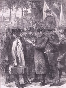 Engelse inwoners verlaten Parijs, Cassells Geschiedenis van de oorlog tussen Frankrijk en Duitsland uitgegeven door Cassell and Company Limited, ca. 1890