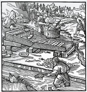 Gravure uit De re metallica (Over de aard van metalen), door Georg Pawer of Georgius Agricola (1494-1555) door German School