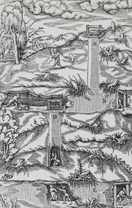 Gravure uit De re metallica (Over de aard van metalen), door Georg Pawer of Georgius Agricola (1494-1555), gepubliceerd in Basel door German School