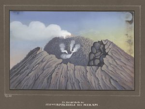 Uitbarsting van de Mount Merapi, Pl.III, Topographischer und Naturwissenschaftlicher Atlas zur Reise durch Java, door Dr.Fr.Junghuhn, Magdeburg 1845