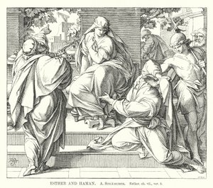 Esther en Haman, Esther, hfst. vii, vers 8 (gravure) door German School