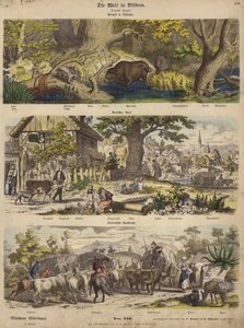 Europa: bos in Litouwen; Duits dorp; Italiaanse landweg (gekleurde gravure) door German School