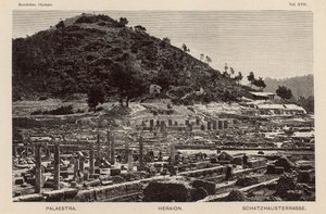 Opgraving van de site van het oude Olympia, Griekenland: de Palaestra, de Tempel van Hera en de Schatkamers (gravure) door German School