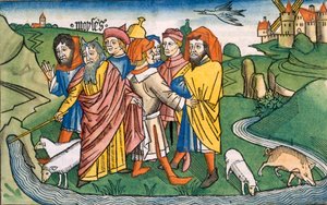 Exodus 17:1-7 Mozes laat water stromen uit de rotsen van Horeb, uit de Neurenbergse Bijbel (Biblia Sacra Germanaica)