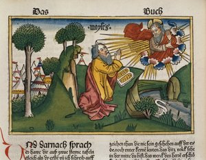 Exodus 34:1-10 Mozes ontvangt de tweede tafelen met de Tien Geboden, uit de Neurenbergse Bijbel (Biblia Sacra Germanaica) door German School