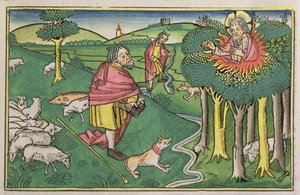 Exodus 3:1-22 De brandende braamstruik, en Exodus 4:1-4 God bewapent Mozes met de wonderbaarlijke staf, uit de Neurenbergse Bijbel (Biblia Sacra Germanaica)