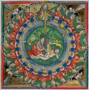 Facsimile kopie van Genesis 2:22 God schiep Eva, uit de Neurenbergse Bijbel (Biblia Sacra Germanaica) door German School