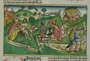 Facsimile kopie van Job: Frontispice, Job wordt berispt door zijn vrouw, zijn huis en familie vernietigd door een orkaan en zijn vee gestolen, uit de Neurenbergse Bijbel (Biblia Sacra Germanaica)