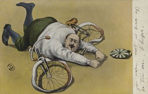 Dikke man, gevallen van zijn fiets (kleur litho) door German School
