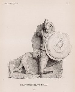 Figuur van een reus van het fronton van de Schatkamer van Megara, Olympia, Griekenland (gravure)