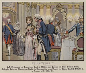 Eerste ontmoeting van Kroonprins Frederik Willem van Pruisen en zijn toekomstige bruid, Prinses Louise van Mecklenburg-Strelitz op het hoofdkwartier van zijn vader, Koning Frederik Willem II, in Frankfurt door German School