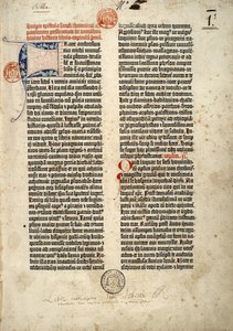 Eerste pagina van de Bijbel in het Latijn (vulgata) van Gutenberg, voorbereid in Mainz 1452 - 1454. Het begin van de brief van Sint Hiëronymus aan de priester Paulinus over alle boeken van de Heilige Schrift door German School