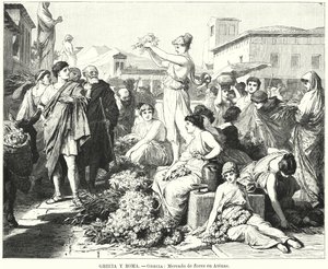 Bloemenmarkt in Athene, Oud-Griekenland door German School