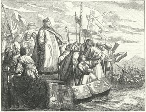 Frederik Barbarossa en zijn leger steken de Bosporus over tijdens de Derde Kruistocht door German School