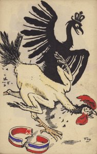 Franse haan op de vlucht voor de Duitse adelaar (kleurenlitho)