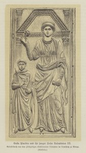 Galla Placidia, dochter van de Romeinse keizer Theodosius I, en haar zoon, Valentinianus III (gravure) door German School