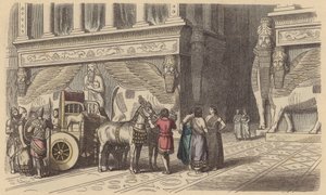 Poort naar een Assyrisch paleis (gekleurde gravure) door German School