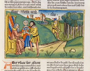 Genesis 27:6-29 Jakob krijgt Isaaks zegen, uit de Neurenbergse Bijbel (Biblia Sacra Germanaica)