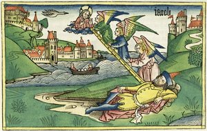 Genesis 28:10 Jakobs ladder, uit de Neurenbergse Bijbel (Biblia Sacra Germanaica)