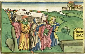 Genesis 49:28-33 De begrafenis van Jakob, uit de Neurenbergse Bijbel (Biblia Sacra Germanaica)