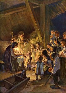 Duitse kerstscène met kinderen, ca 1908 (prent)