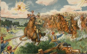 Duitse cavalerie onder bevel van kroonprins Wilhelm valt Franse troepen aan bij Longwy, Frankrijk, Eerste Wereldoorlog door German School