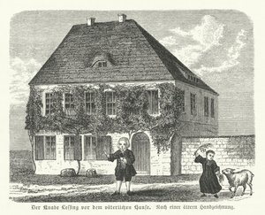 Duitse filosoof en dramaturg Gotthold Ephraim Lessing buiten het huis van zijn vader in Kamenz als jongen door German School