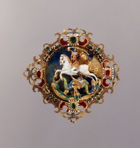 Hoedagrafe met afbeelding van St. Joris (goud, email, robijn en smaragd)