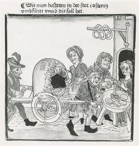 Pannenkoeken- en pretzelverkoper, tijdens het Concilie van Konstanz in 1417, naar een incunabel, c.1485 door German School