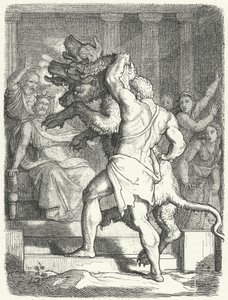 Heracles brengt Cerberus naar koning Eurystheus (gravure) door German School