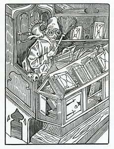 Hier begint de dwaasheid en eerst onbruikbare boeken, illustratie uit Alexander Barclay