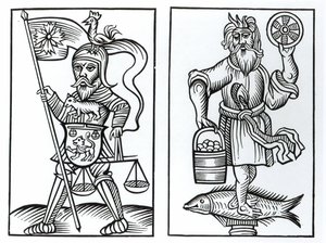 Hermensul of Irmensul (links) en Crodon (rechts) afgoden van de oude Saksen, naar een houtsnede in de Annales Circuli Westphaliae door Herman Stangefol, gepubliceerd 1656 door German School