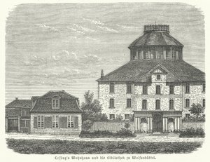 Huis van de Duitse filosoof en dramaturg Gotthold Ephraim Lessing en de bibliotheek in Wolfenbuettel (gravure) door German School